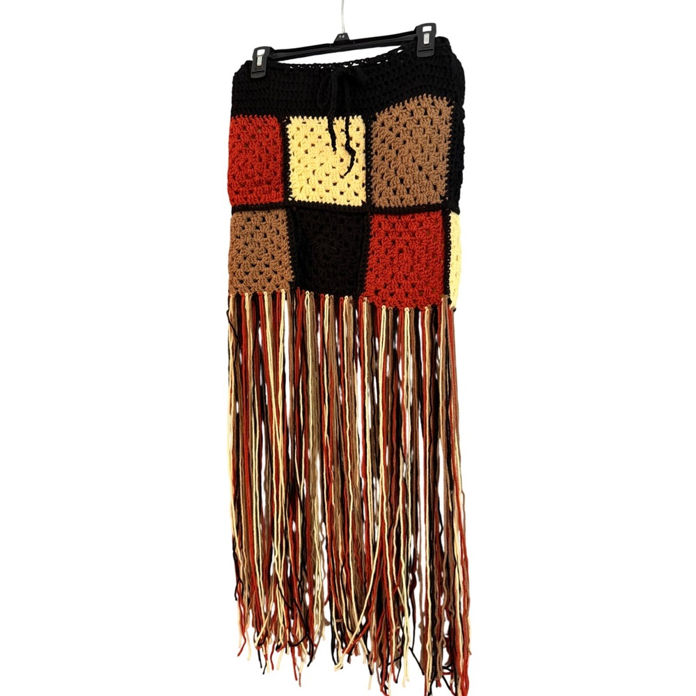 Handmade Crochet Skirt Women Medium Multicolor Excellent Patchwork Fringe Boho